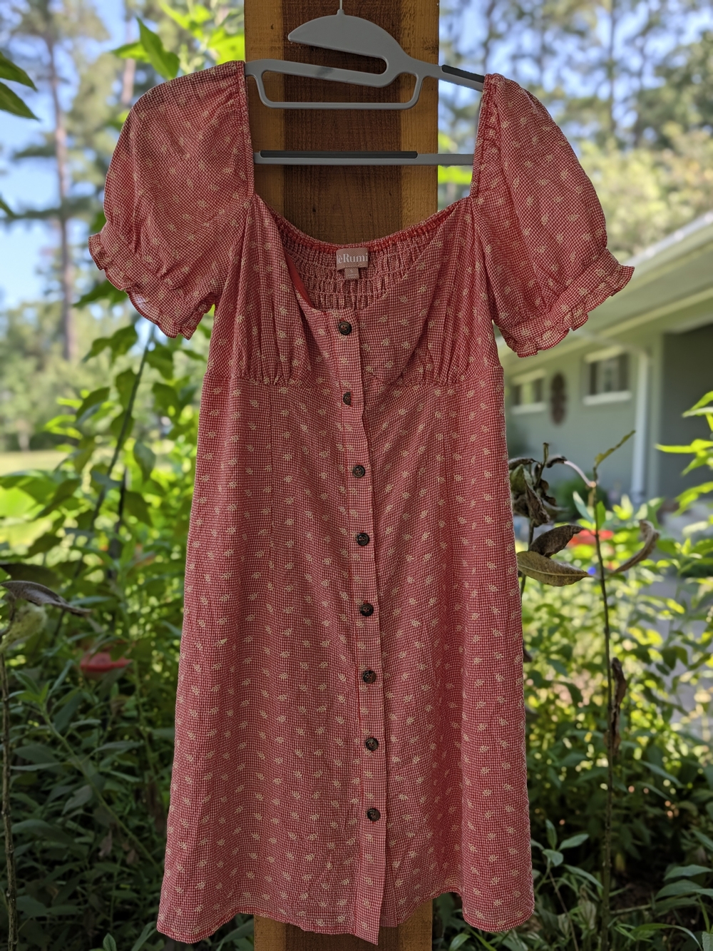 Le Rumi Red And White Button-Front Puff Sleeve Dress